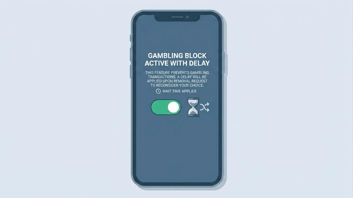 Illustration of a banking app gambling block with a built-in delay before removal