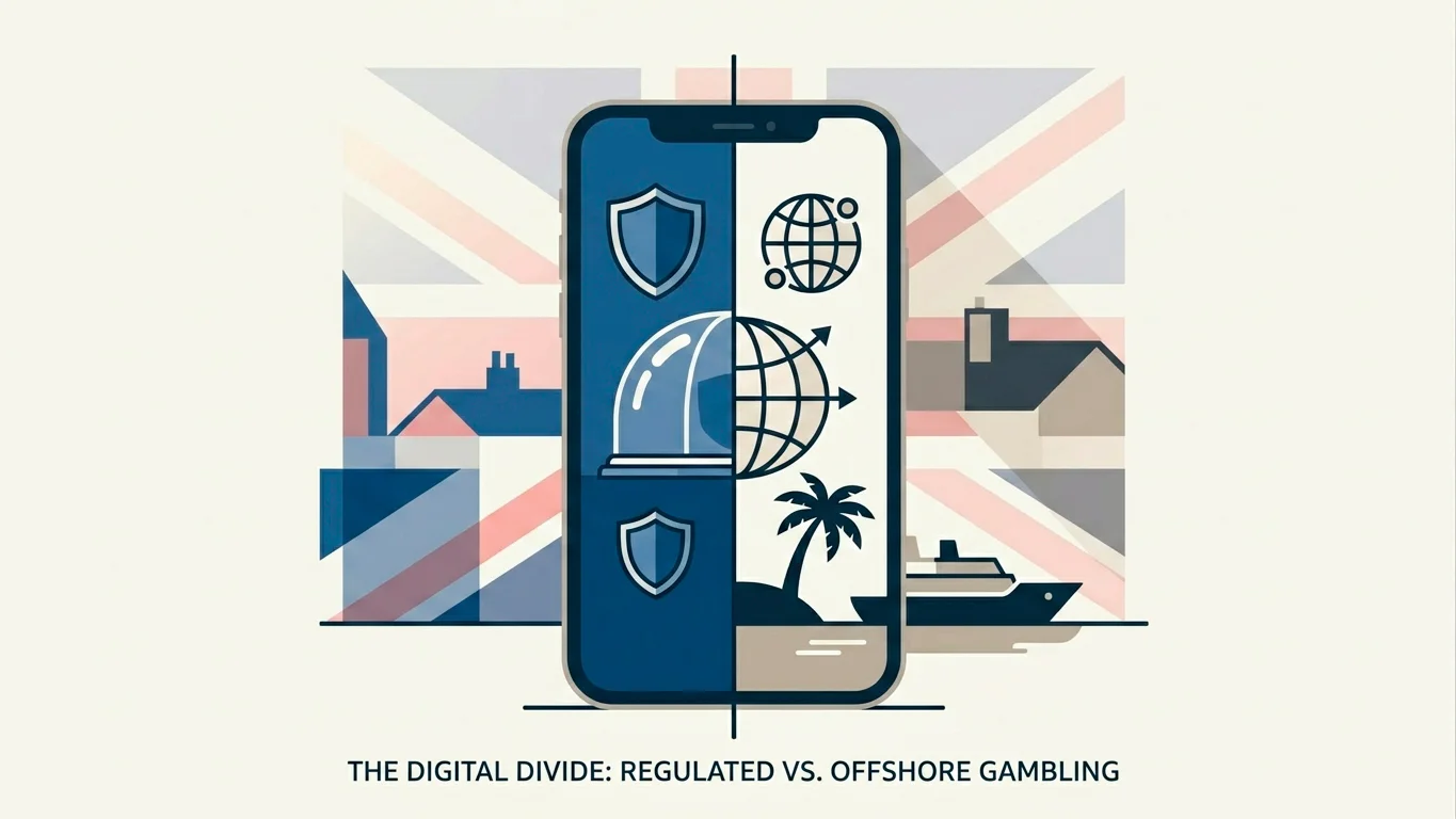 Conceptual illustration of UK online casino access split between the GamStop scheme and offshore sites