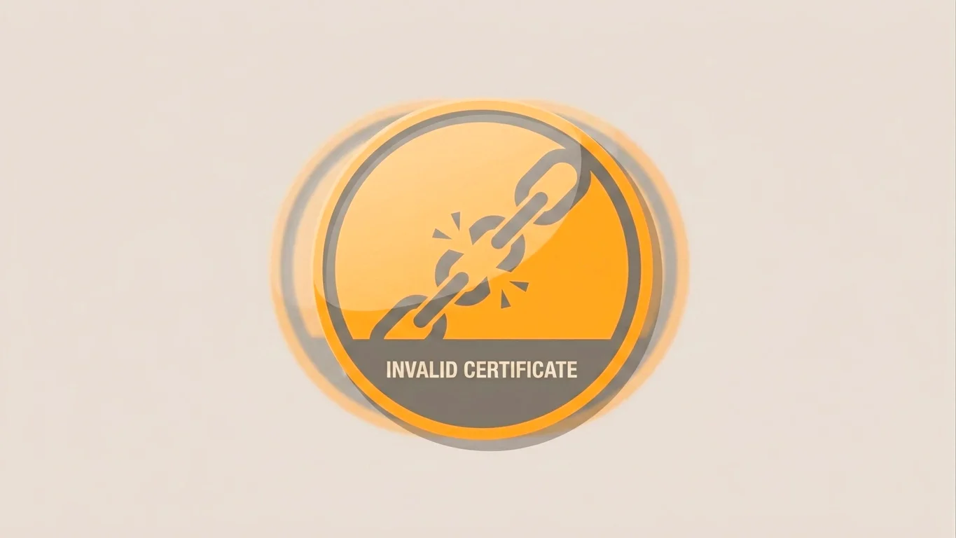 A licence seal badge with a broken link symbol, illustrating a cloned or fake certificate