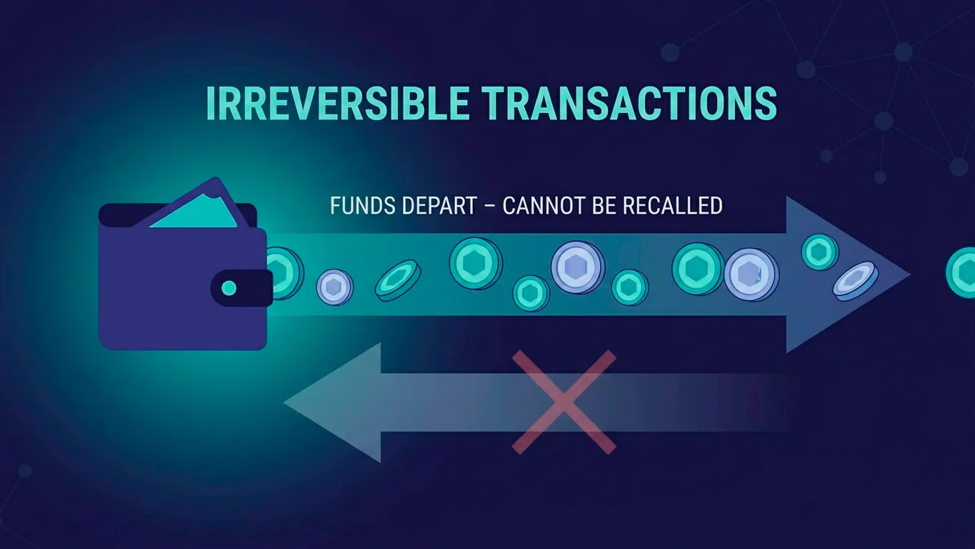 A one-way arrow of crypto coins leaving a wallet with a faded, crossed-out return path