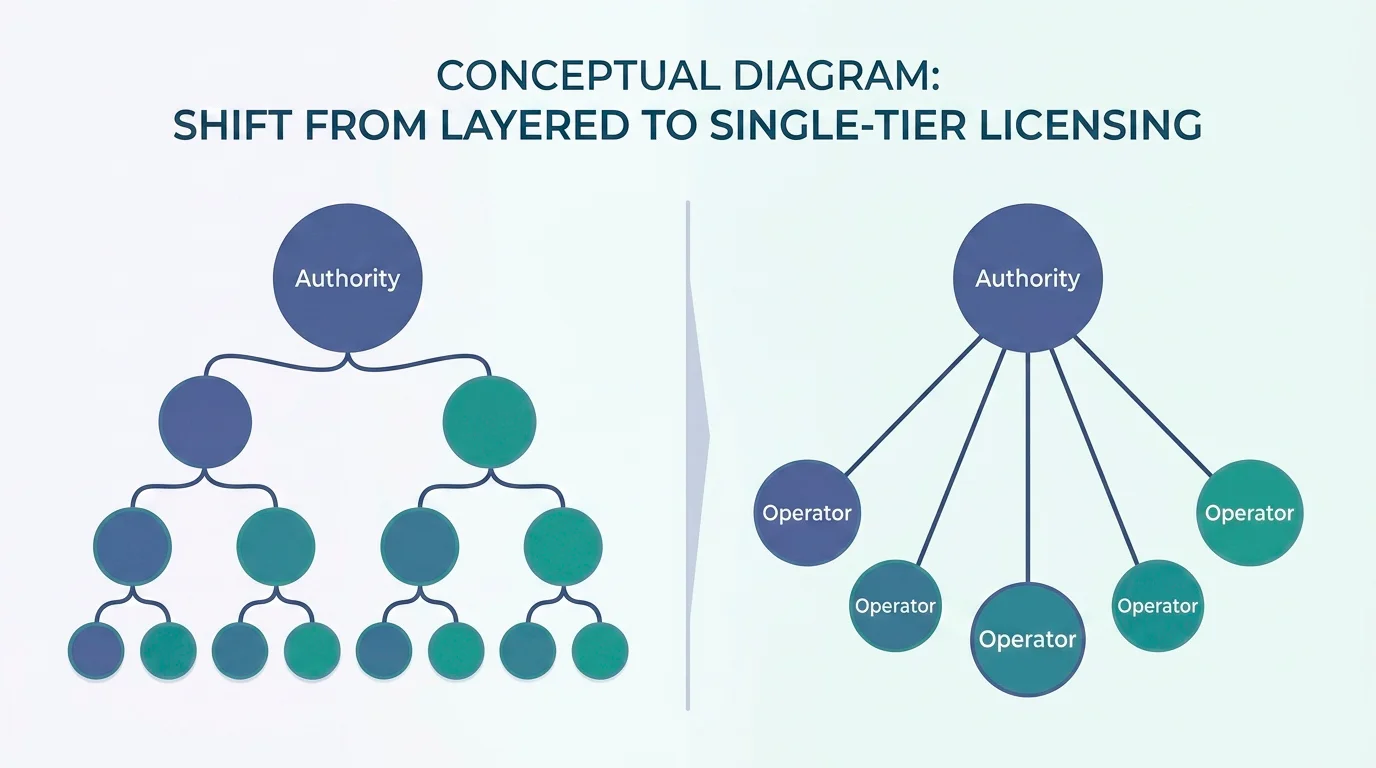 Diagram contrasting the old Curaçao master and sub-licence model with the new single-tier CGA licensing under the LOK