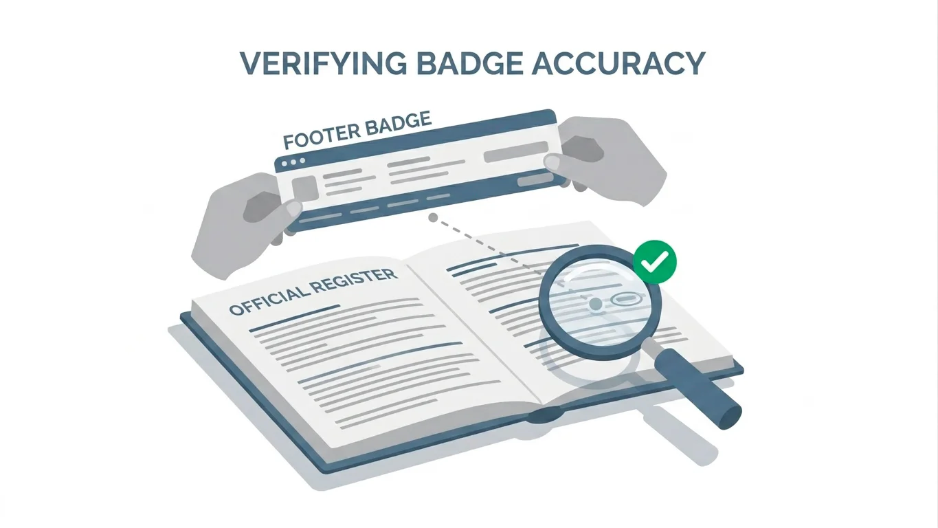 Illustration of a footer licence badge being checked against an official register