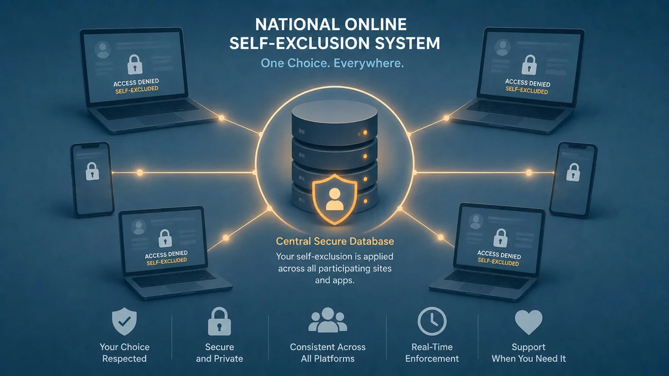 Illustration of a UK online self-exclusion register linking multiple licensed gambling accounts