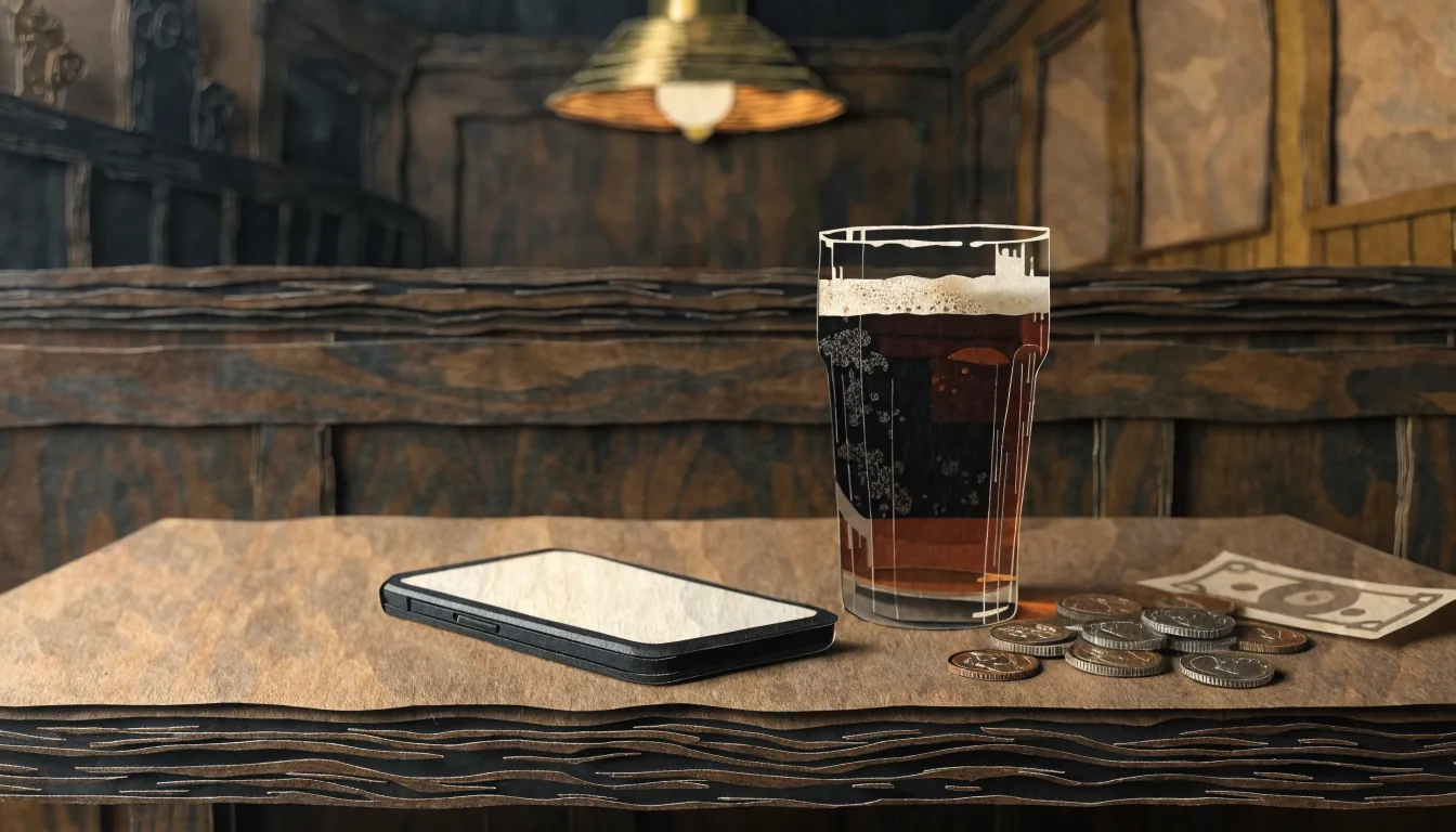 Hand near golden chips, face-down phone, and an envelope on a wooden table by a window.