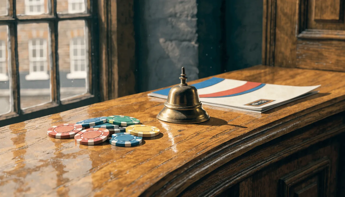 Traditional British betting shop counter with stacked casino chips and a brass bell