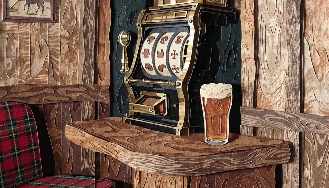 Vintage three-reel slot machine in a British pub setting.