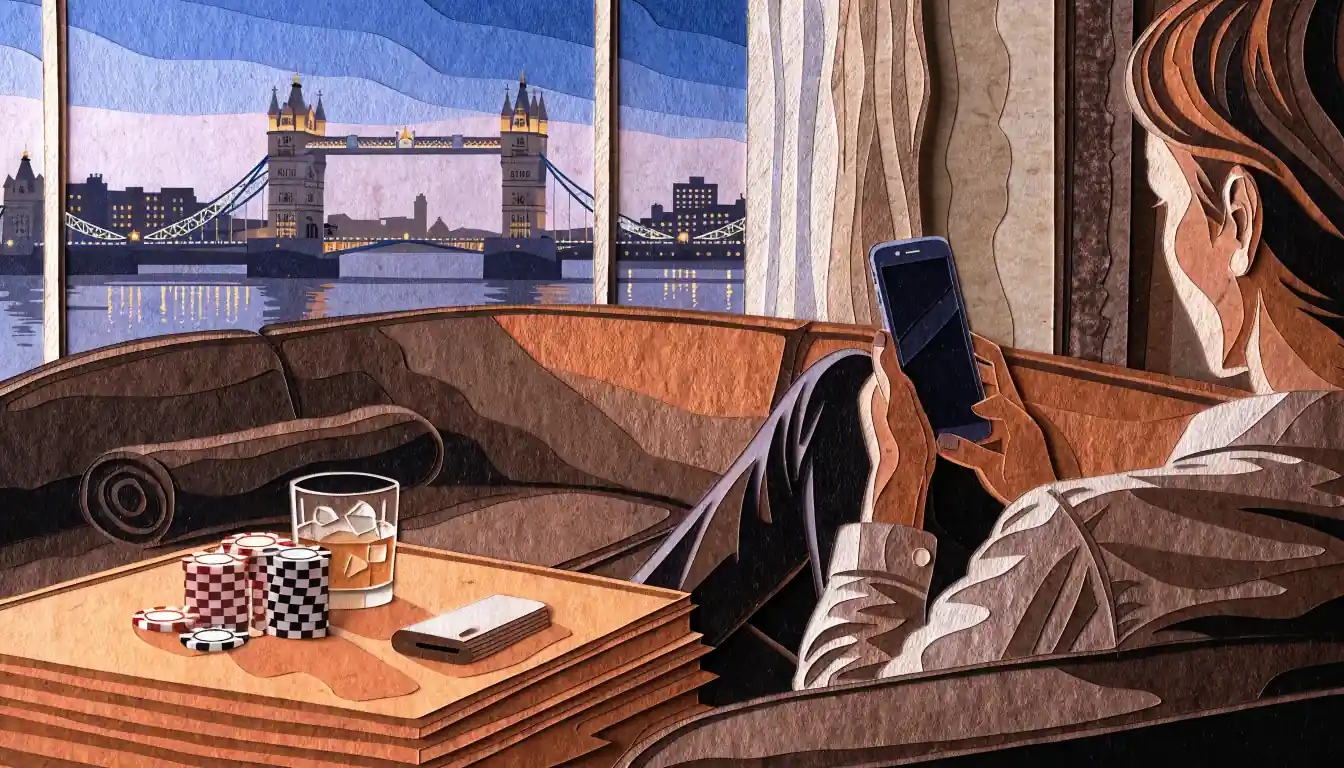 Person relaxing with a smartphone in a London lounge, chips and whisky on the table.