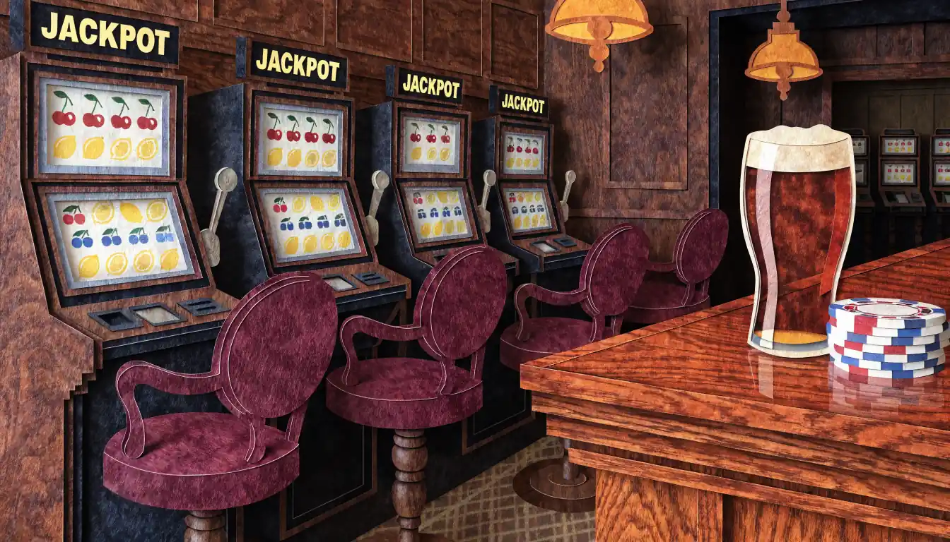 Classic slot machines in a warm British pub-style casino lounge