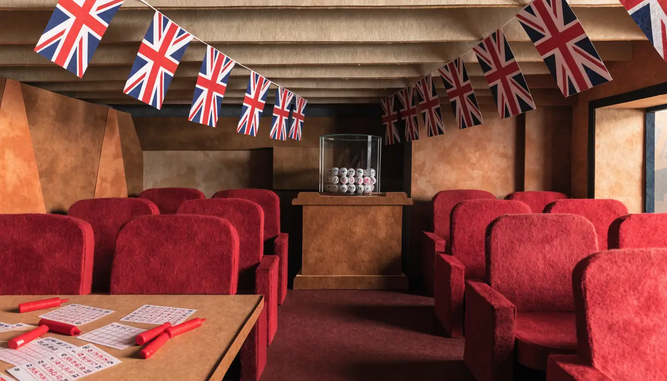 Interior of a British bingo hall with gaming tables and caller booth