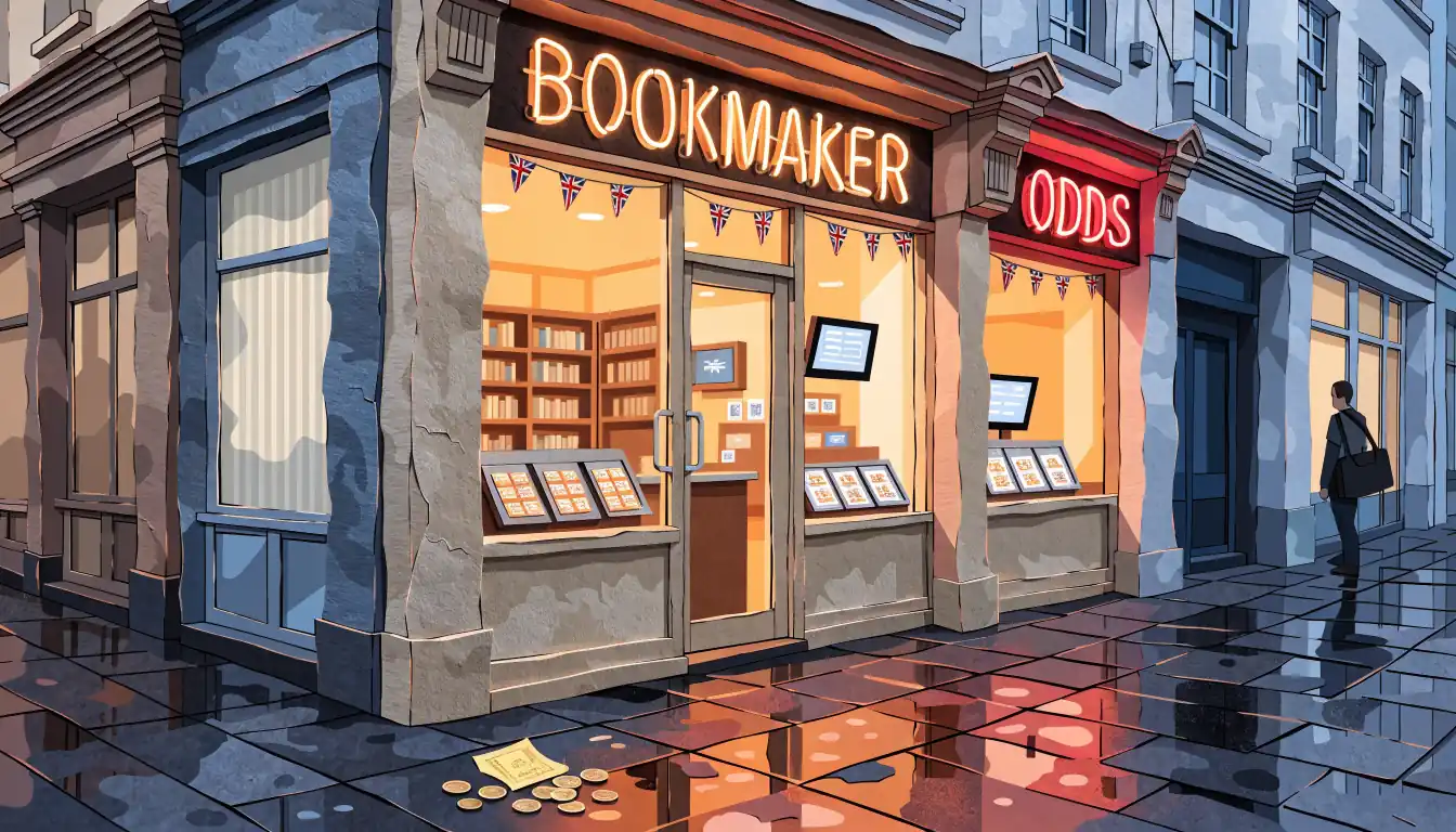 UK bookmaker shopfront at dusk with coins on wet pavement