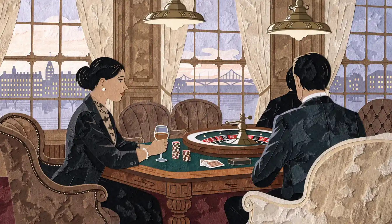Elegant British casino lounge with roulette wheel, chips, cards and London skyline at dusk
