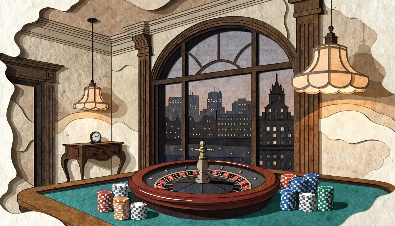 Elegant London casino lounge with roulette wheel and chips at evening