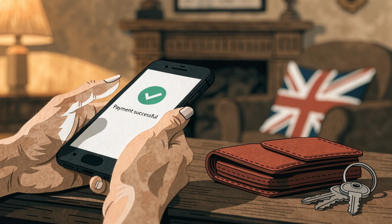 Hands holding a smartphone with a payment screen on a wooden table in a British living room