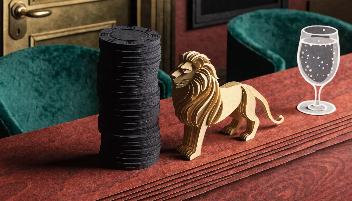 Golden lion figurine beside casino chips on a polished bar counter in an upscale UK gaming lounge