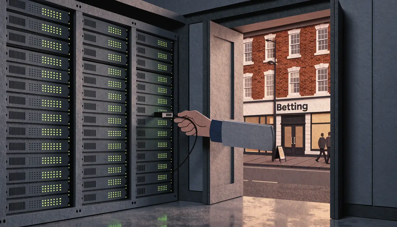 Server rack connected to a UK casino lobby via network cable