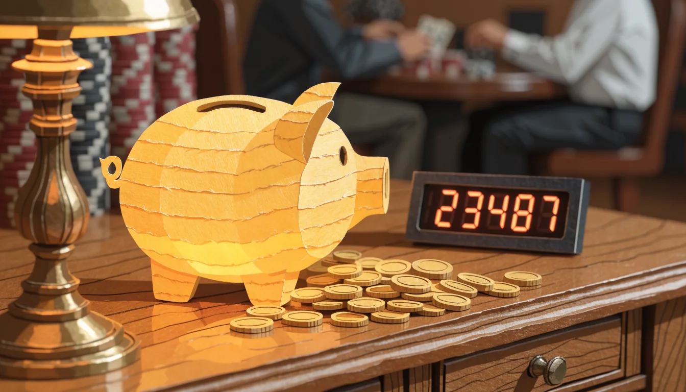 Glowing golden piggy bank overflowing with coins beside a rising digital counter on a casino table