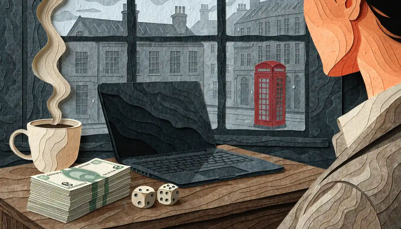 Closed laptop with British pounds and dice on a desk near a London window.