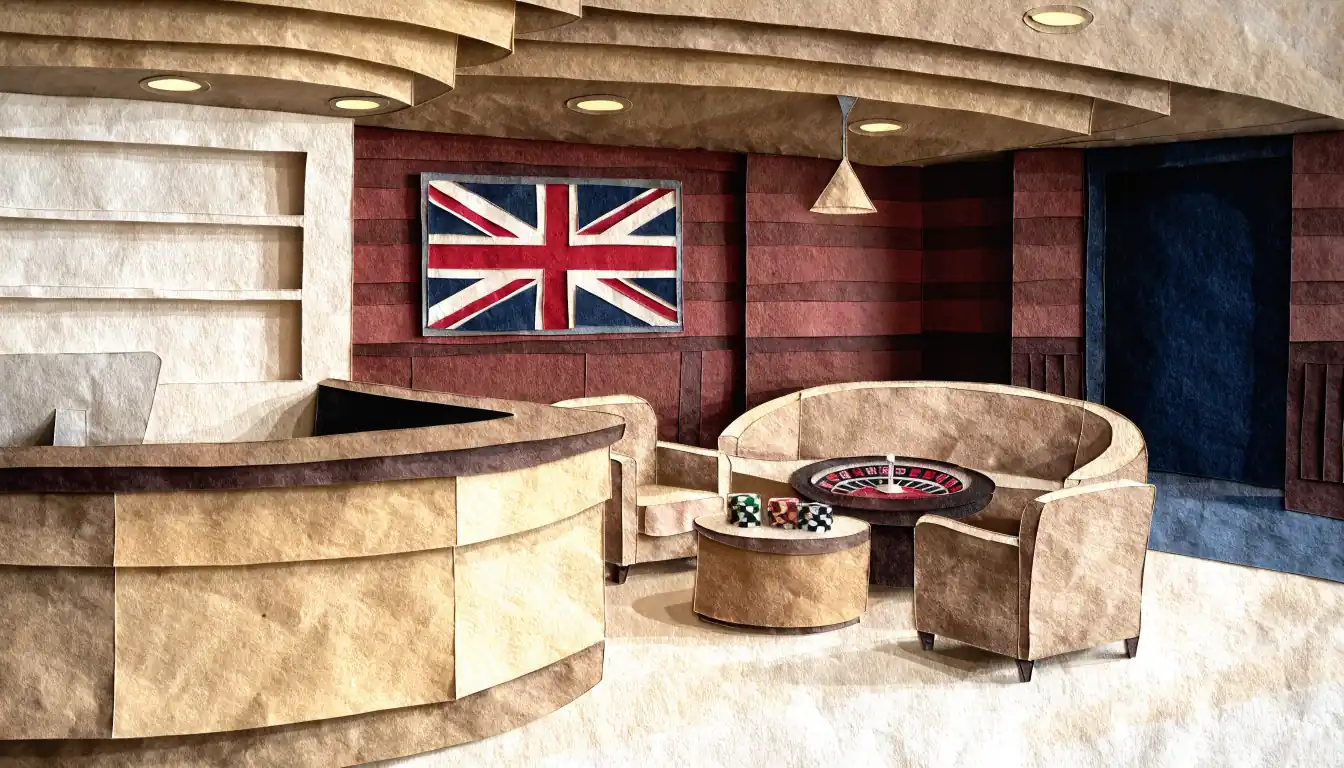 Modern UK casino lounge with chips and roulette wheel on table