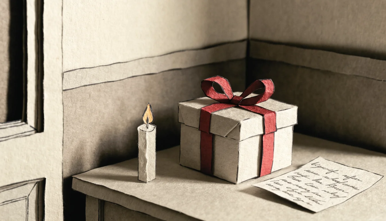 A wrapped birthday gift and lit candle on a table, with a small note beside it.