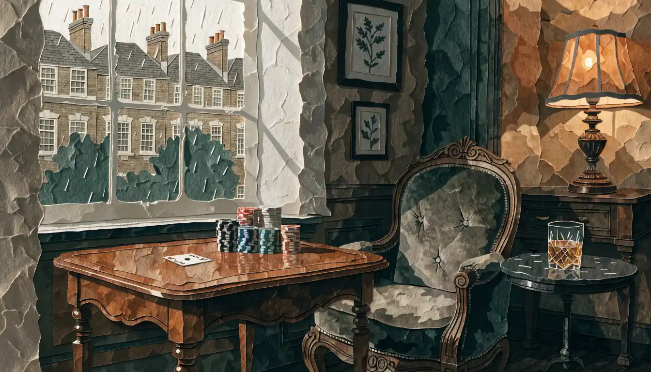 Elegant private London gaming lounge with casino chips on a card table and warm ambient lighting.