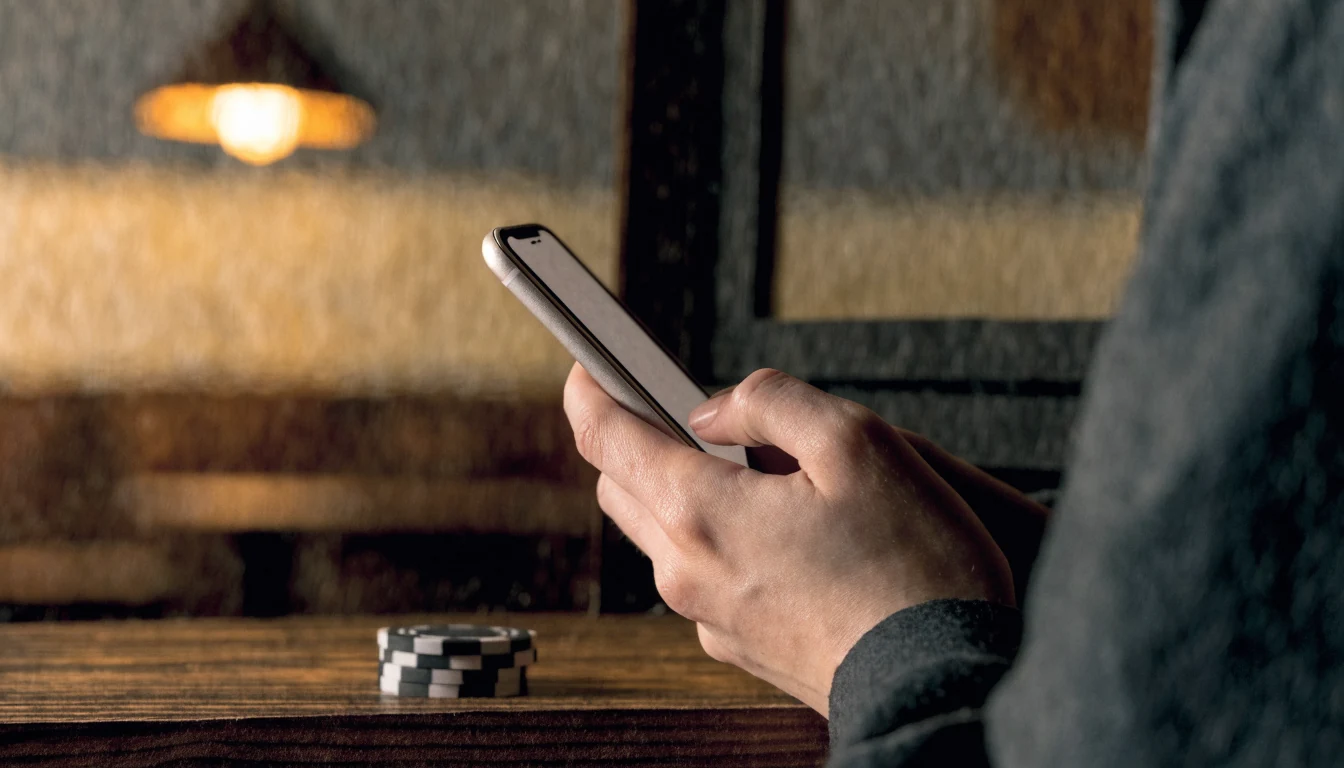 Hand holding smartphone next to casino chips on a London pub bar.