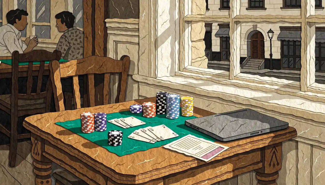 Poker chips, cards, a cash voucher, and a closed laptop on a pub table in the UK.