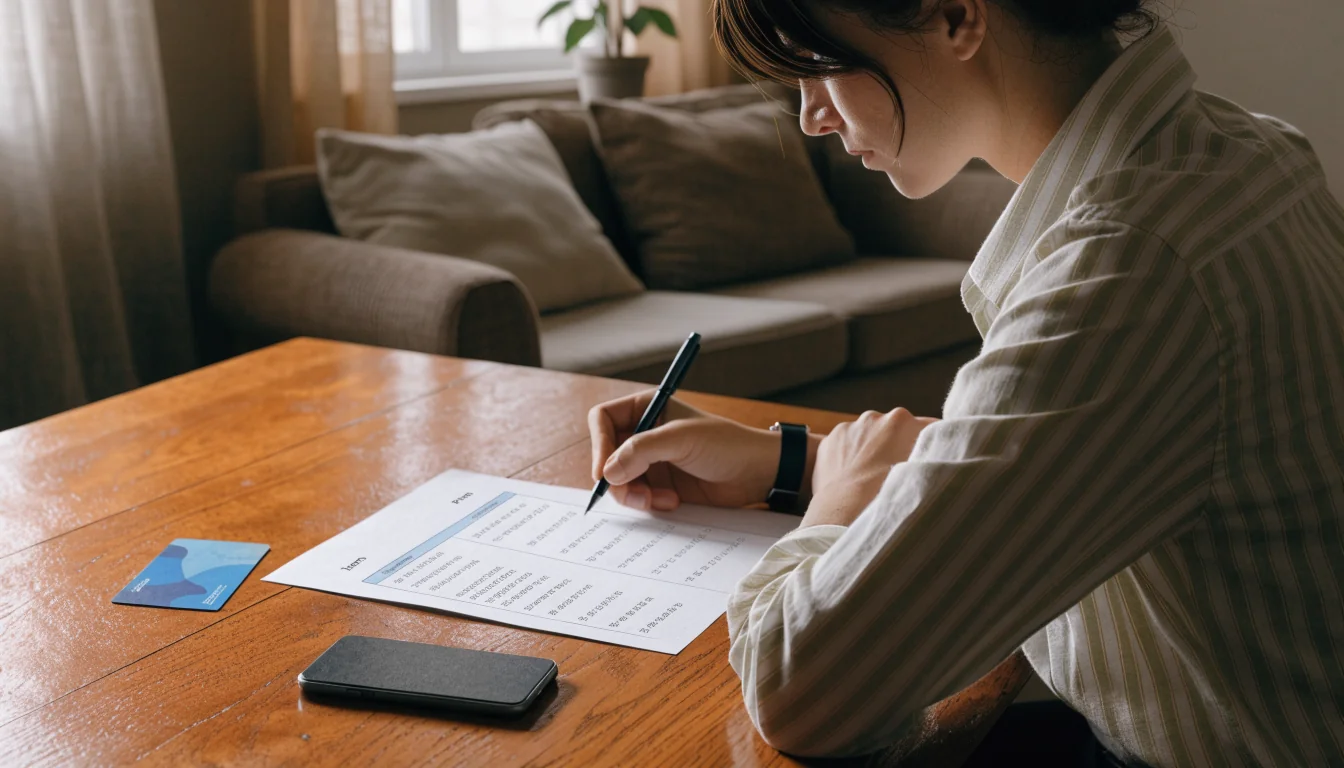 Person reviewing a printed payment list at a wooden table with a face-down phone and bank card.