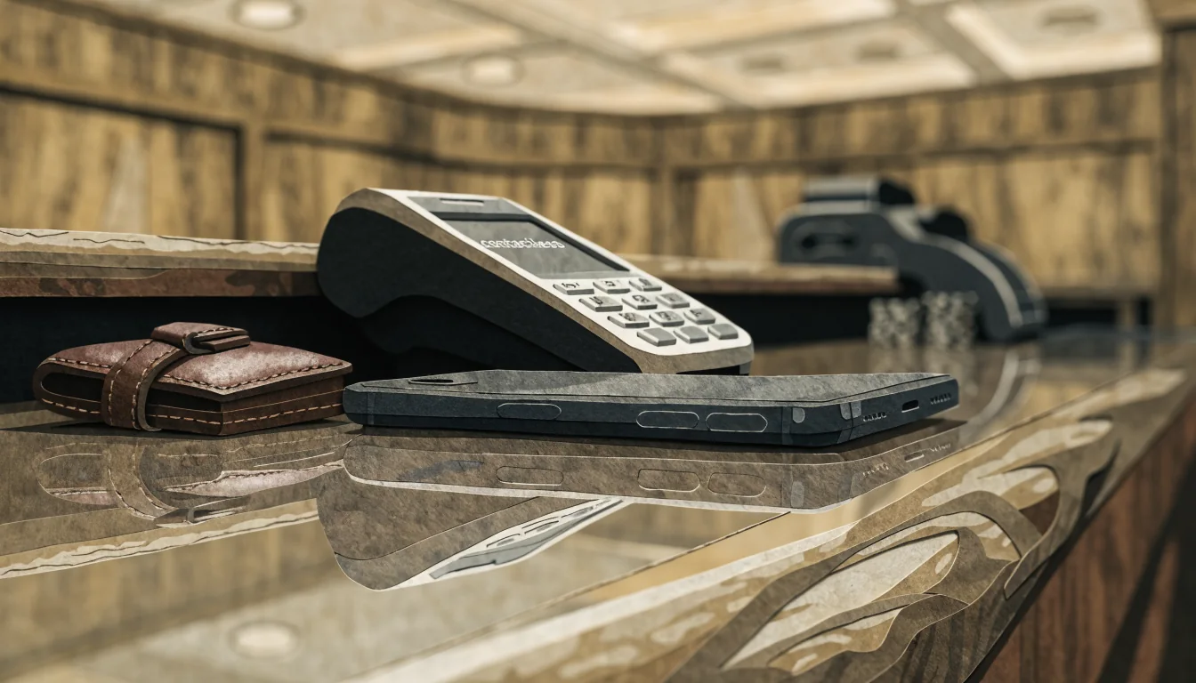 Smartphone on a UK casino cashier counter next to stacked chips.