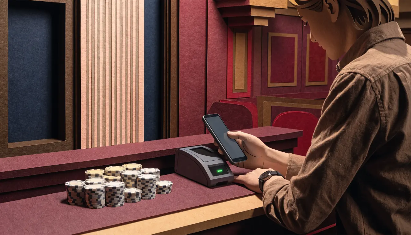 Person paying at a UK casino cashier with a smartphone and contactless terminal