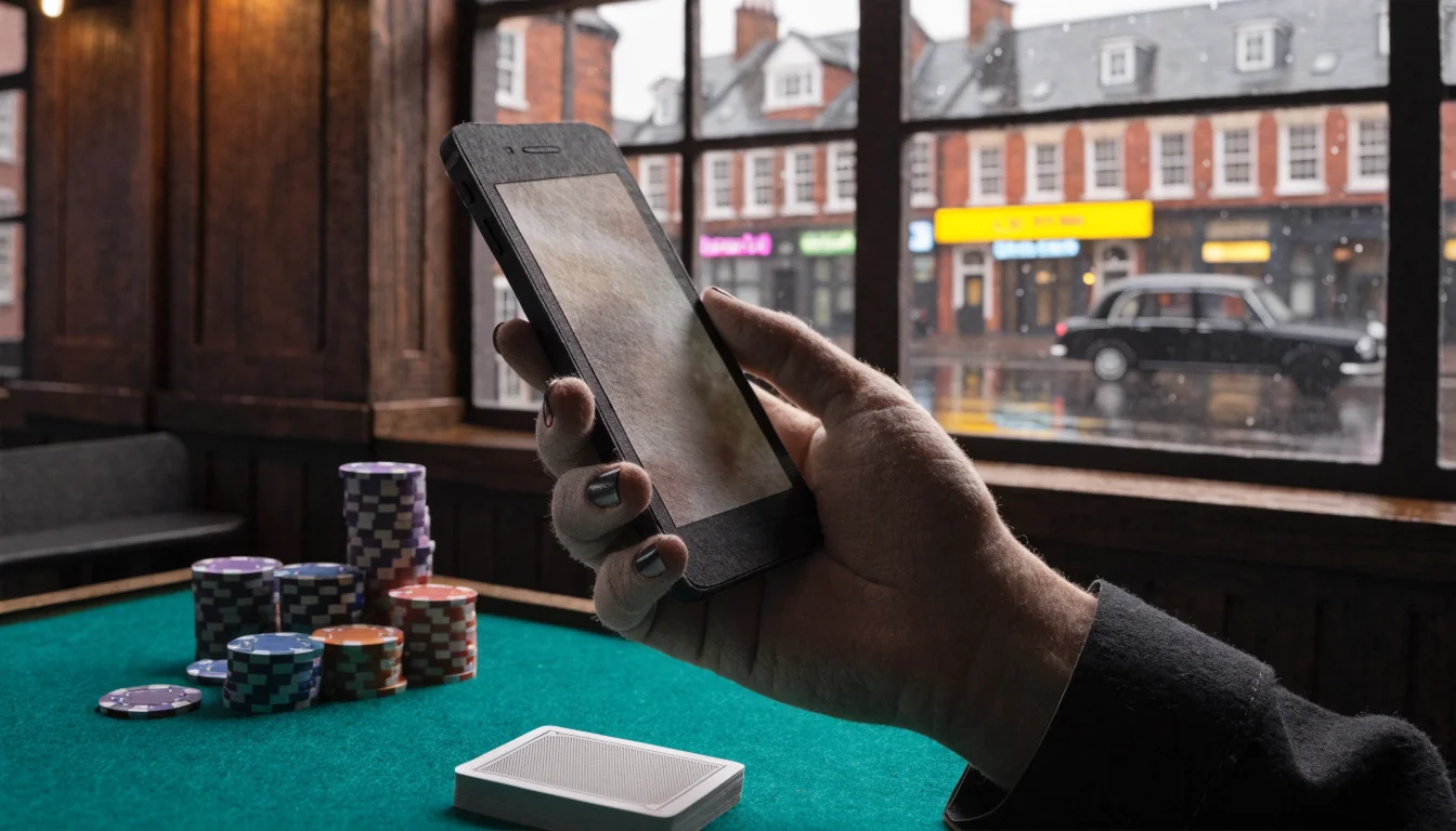 British casino interior with smartphone, poker chips, and cards on green felt table near a rainy UK street window