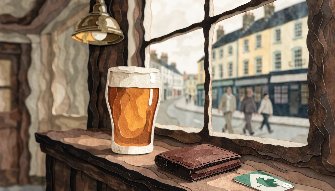 A Canadian Interac debit card resting on a British pub counter beside a pint glass.