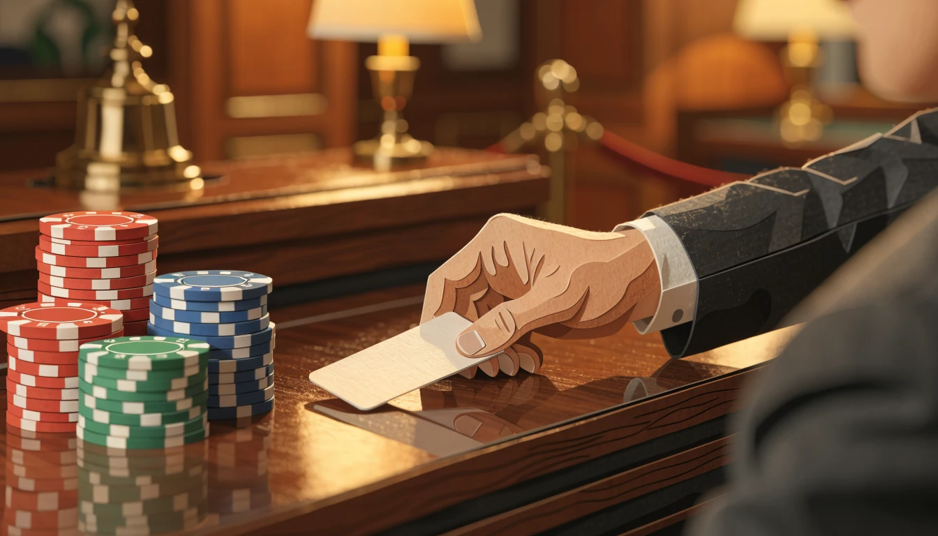 Hand sliding debit card across cashier counter at UK casino with stacked chips.