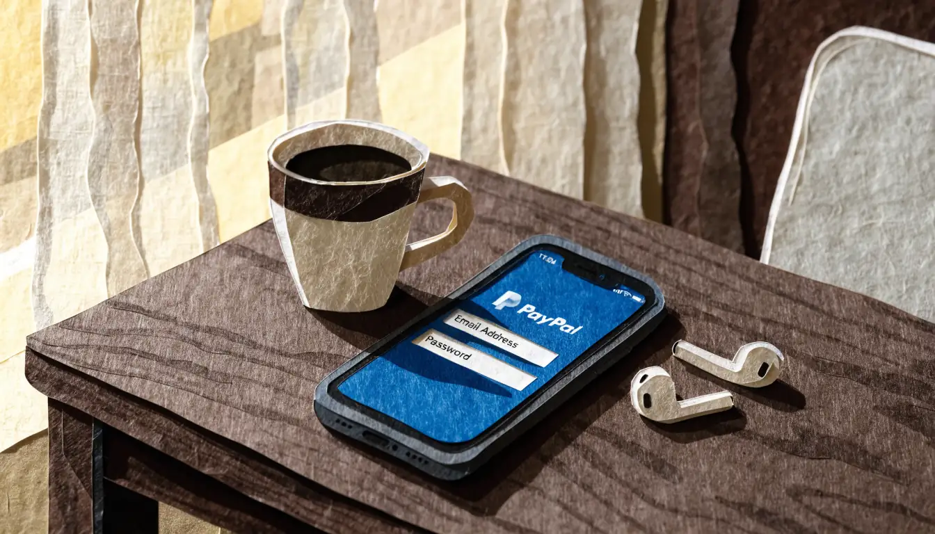 Smartphone showing PayPal app on a wooden table in a modern UK flat.