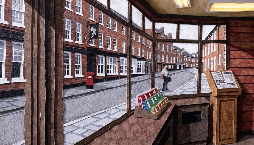 British corner shop interior with prepaid voucher display and high street view through window.