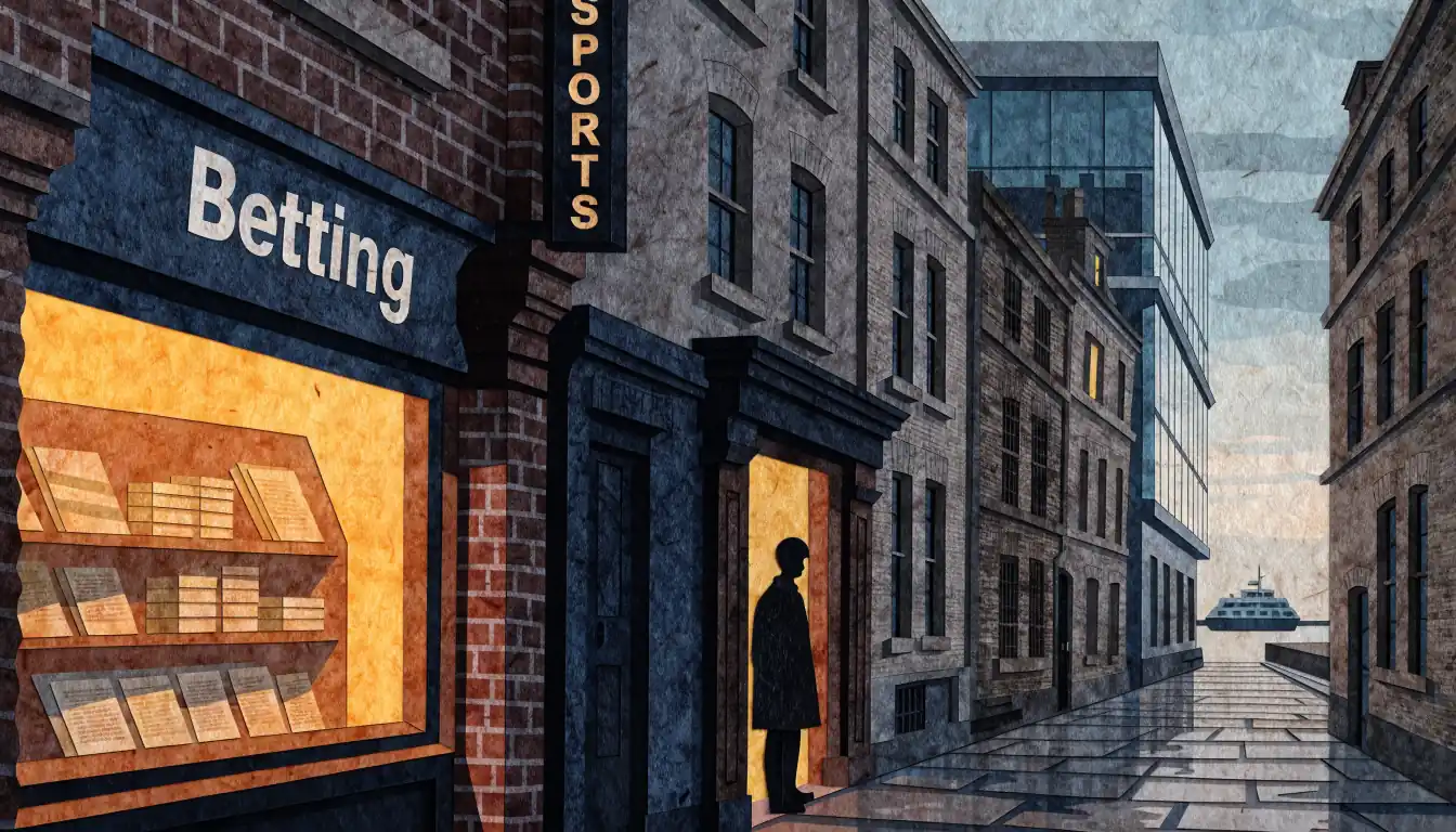 Split London street scene between a UK betting shop and an outward path, evening light.