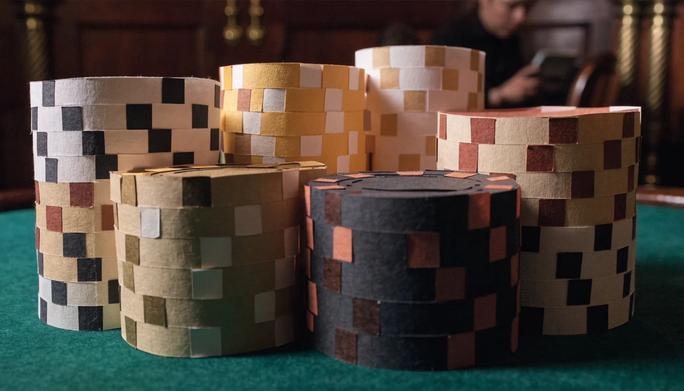 Casino chips arranged in clusters on a green baize table in a traditional British gaming lounge.