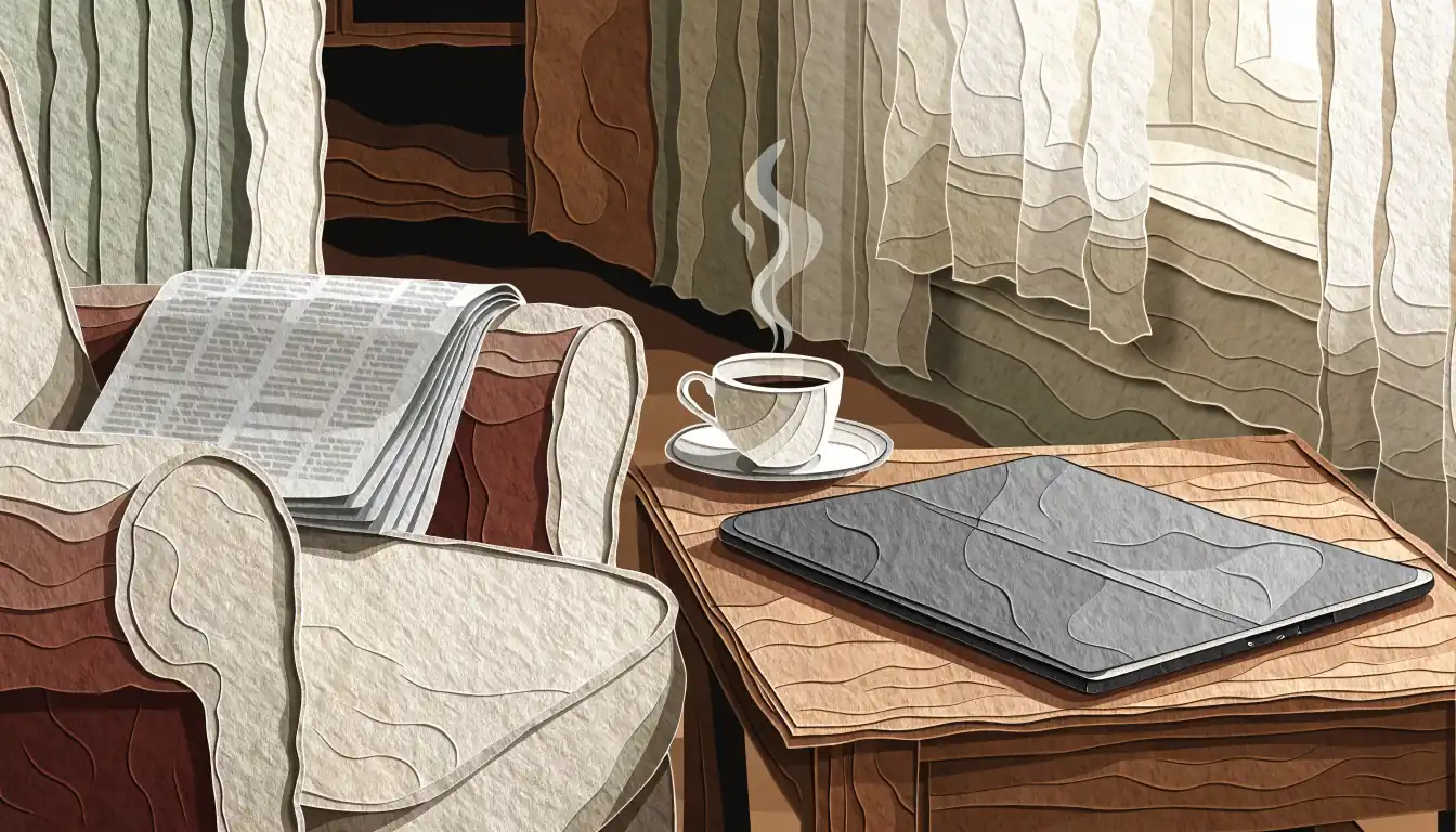 Tablet on a side table in a British living room with a cup of tea.