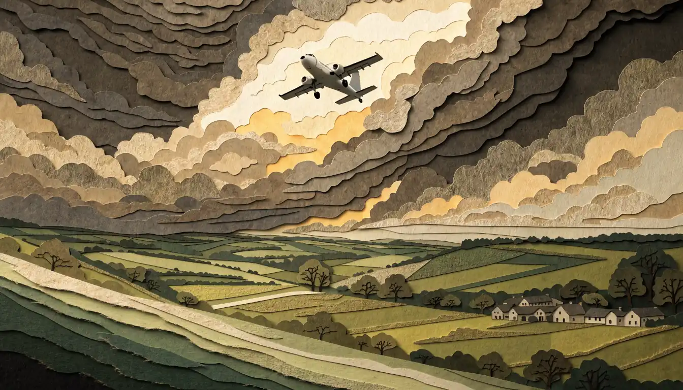 Small aircraft climbing steeply into a dramatic dusk sky over green British hills