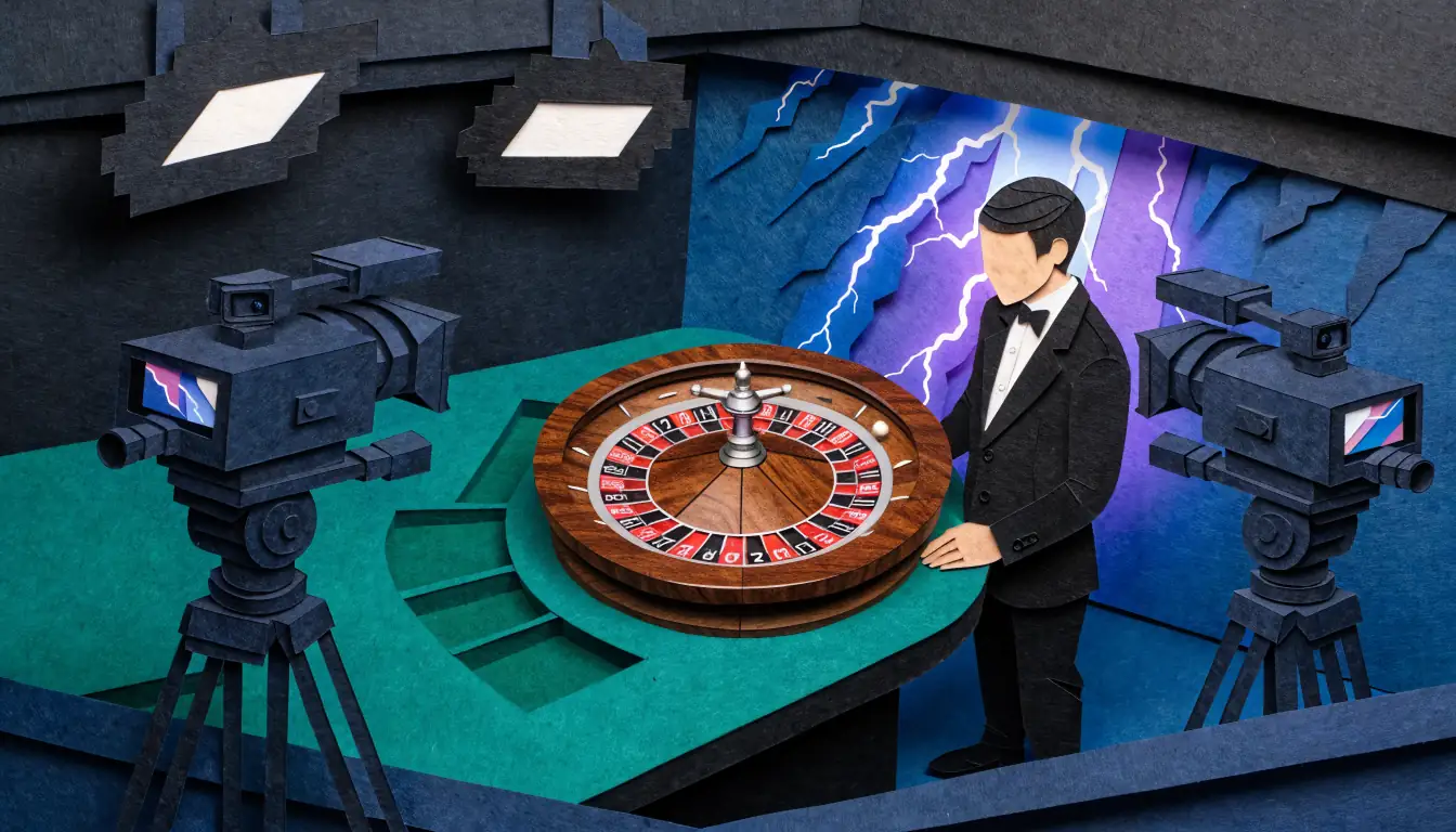 Live casino studio with a roulette wheel and dealer under dramatic lightning-themed lighting