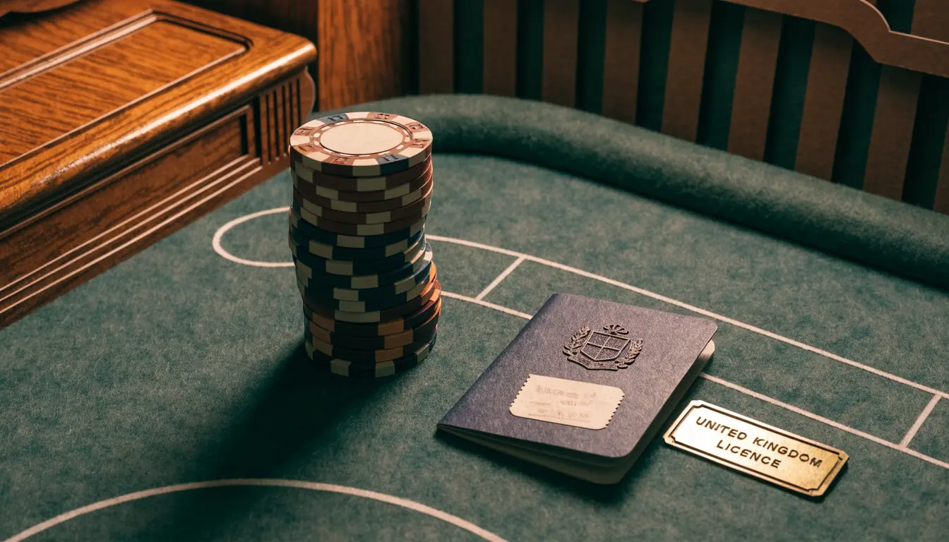 Casino table with chips, passport and licence plaque under warm lamp light.