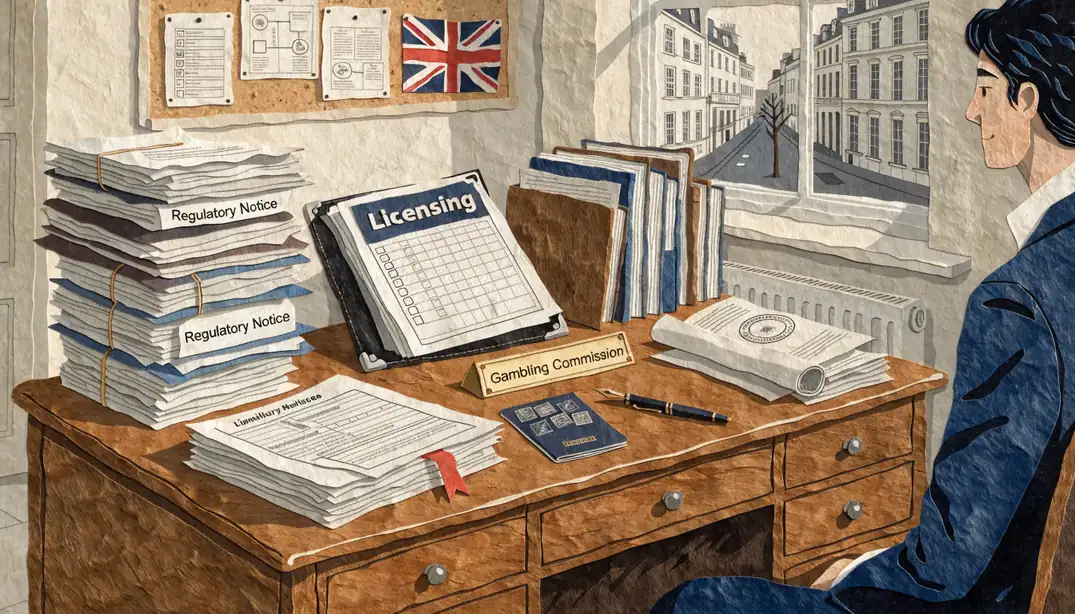Closed laptop on a desk with a roulette wheel, gambling guidance booklet and a window overlooking a London street