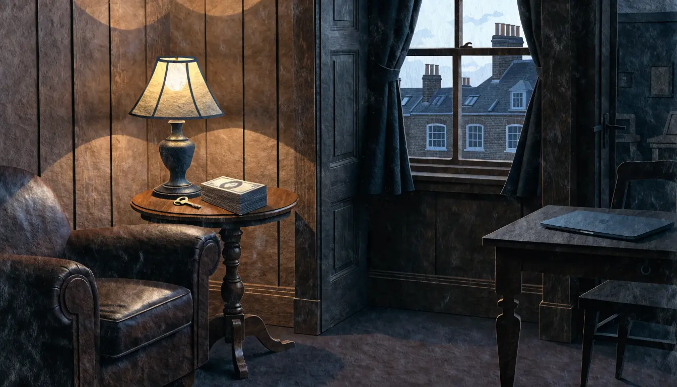 British games room at dusk with closed laptop and stack of pounds
