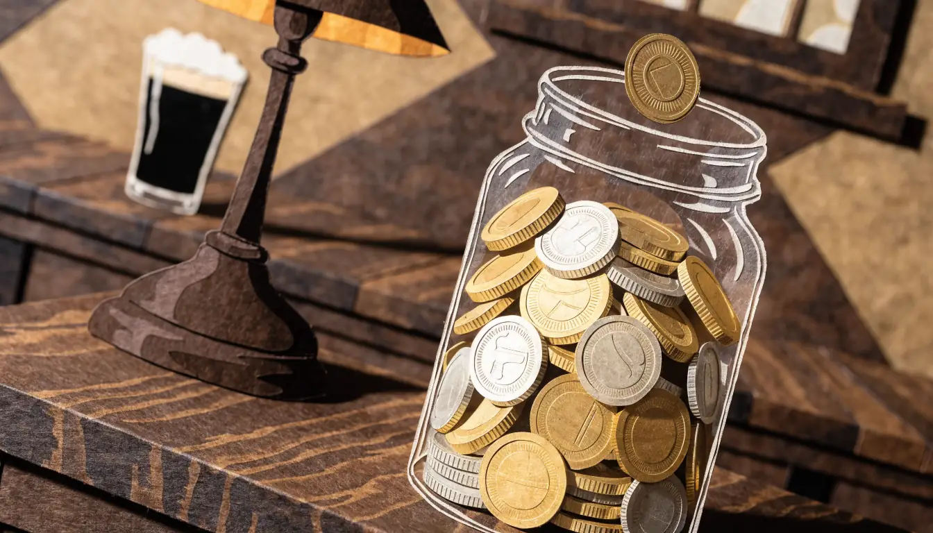Coins overflowing from a glass jar on a British pub table.