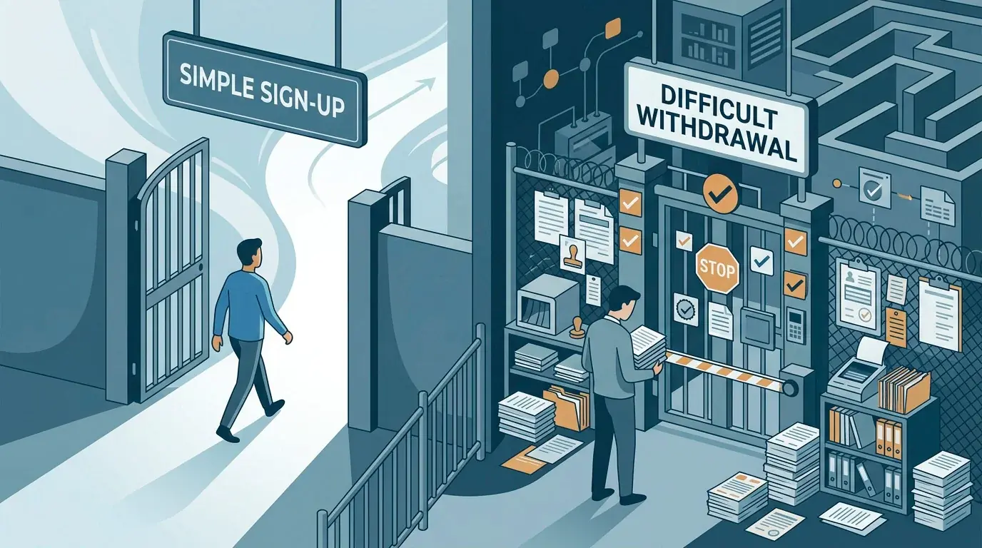 Illustration of an identity check appearing only at the withdrawal stage