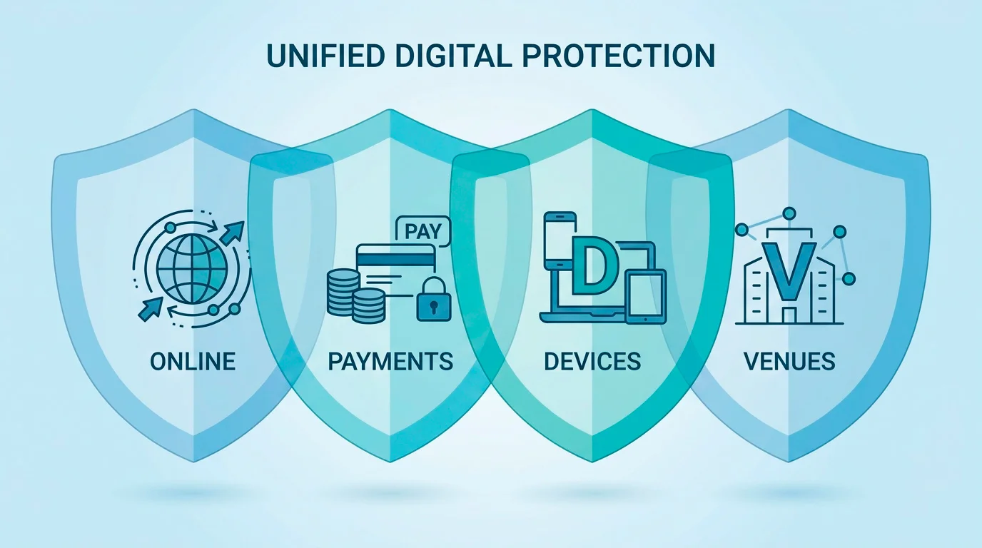 Diagram of overlapping protective layers covering online, payments, devices and venues