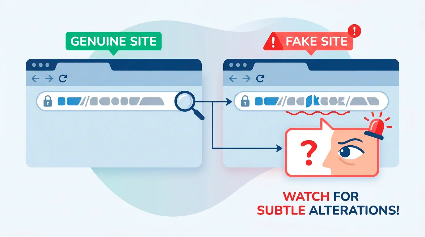 Illustration of a genuine web address beside a near-identical fake with a phishing message