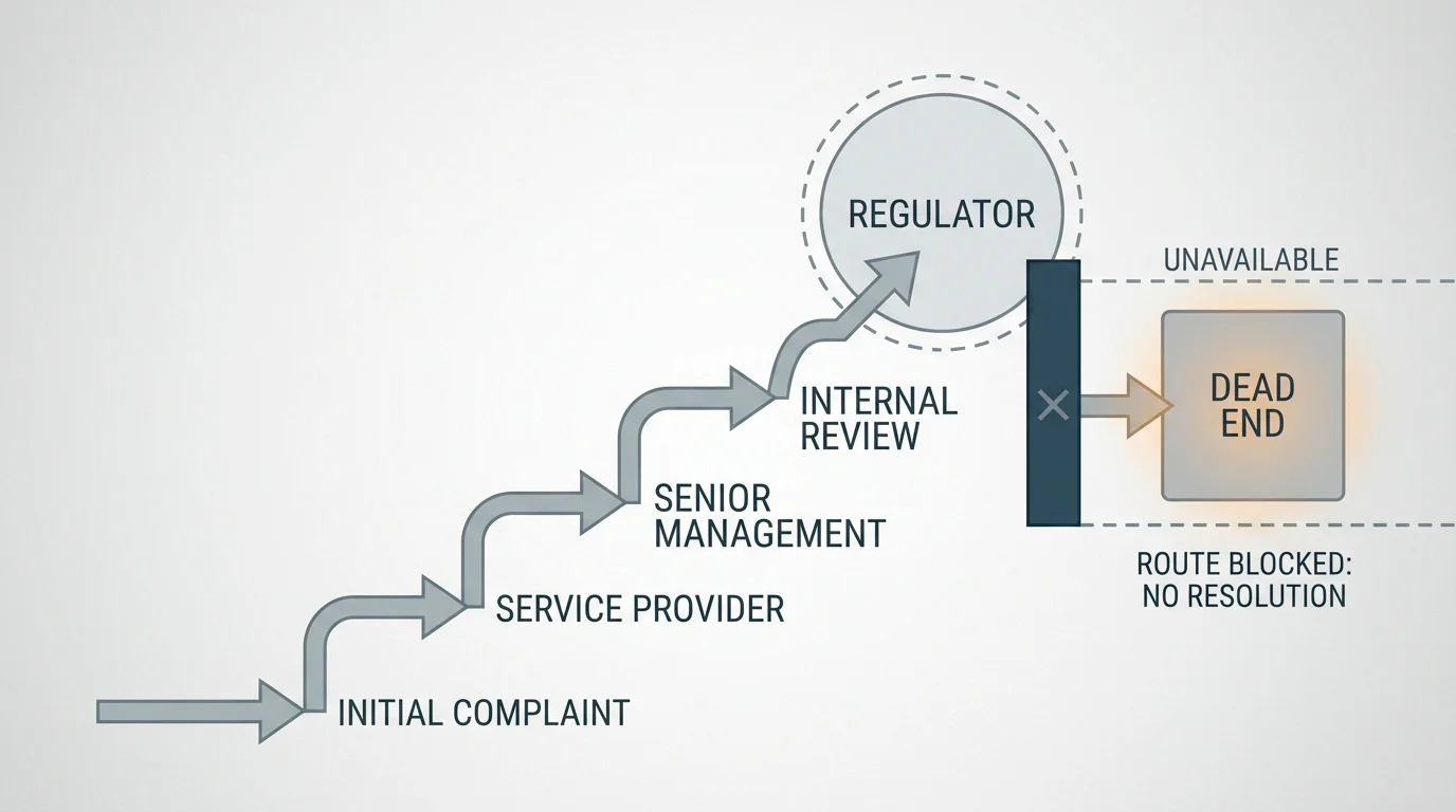 A complaint escalation path that ends in a dead end beyond a regulatory boundary line