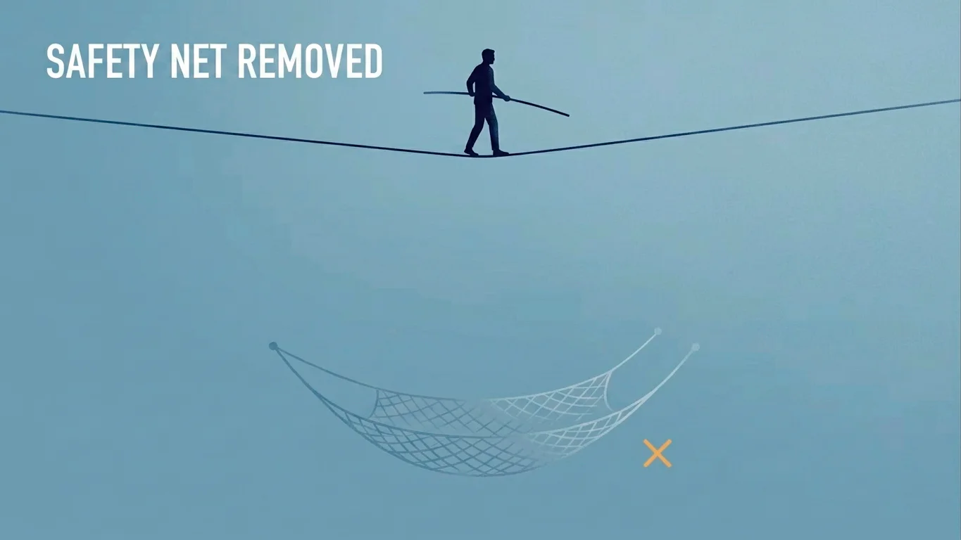 A removed safety net beneath a tightrope, representing the absence of affordability checks and self-exclusion