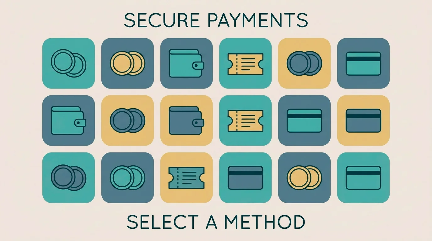 A grid of payment-method symbols including crypto coins, e-wallets, prepaid vouchers and a bank card