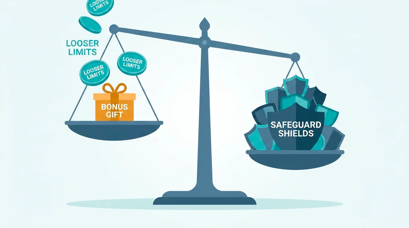 A balance scale weighing looser limits and bonuses on one side against lost safeguards on the other